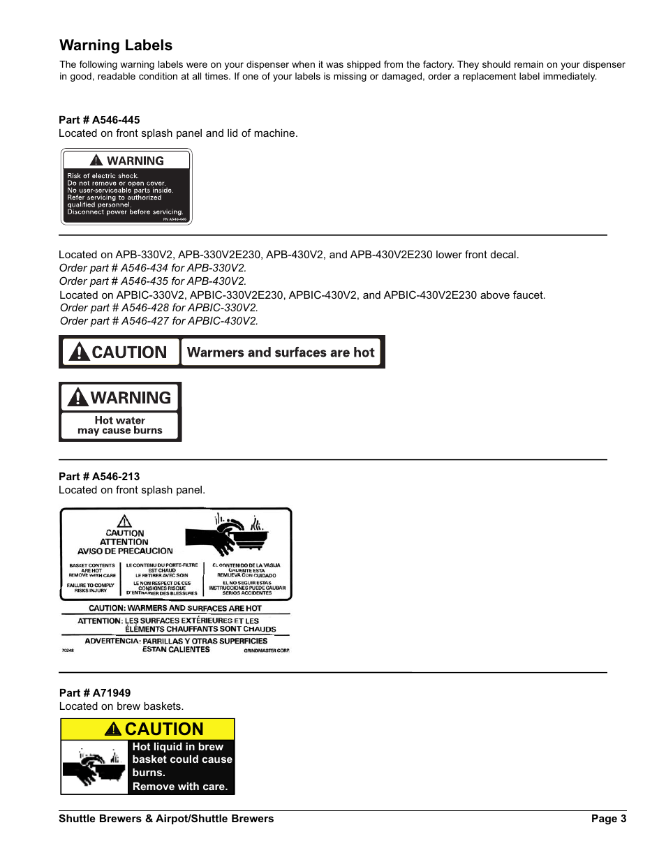 Caution, Warning labels | Grindmaster SHUTTLE BREWER APBVSA-430V2E230 User Manual | Page 3 / 44