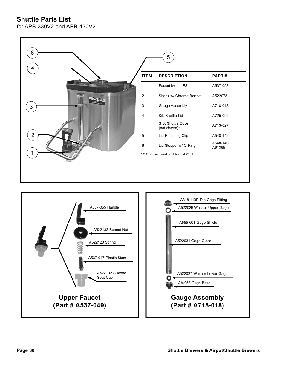 Shuttle parts list | Grindmaster SHUTTLE BREWER APBVSA-430V2E230 User Manual | Page 30 / 44