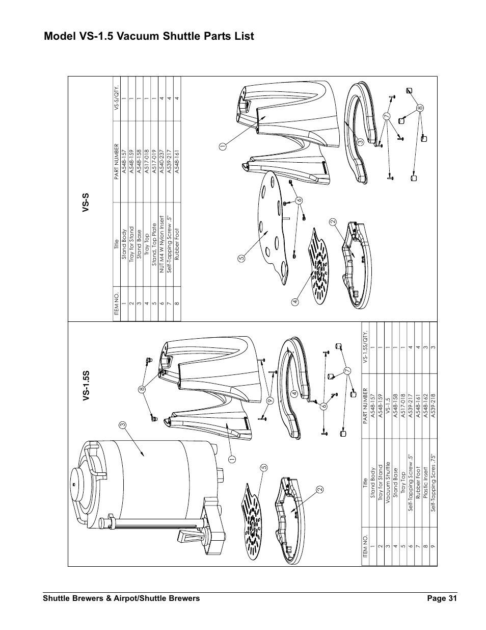Model vs-1.5 vacuum shuttle parts list | Grindmaster SHUTTLE BREWER APBVSA-430V2E230 User Manual | Page 31 / 44