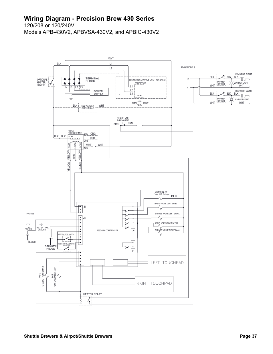 Wiring diagram - precision brew 430 series, Shuttle brewers & airpot/shuttle brewers page 37 | Grindmaster SHUTTLE BREWER APBVSA-430V2E230 User Manual | Page 37 / 44