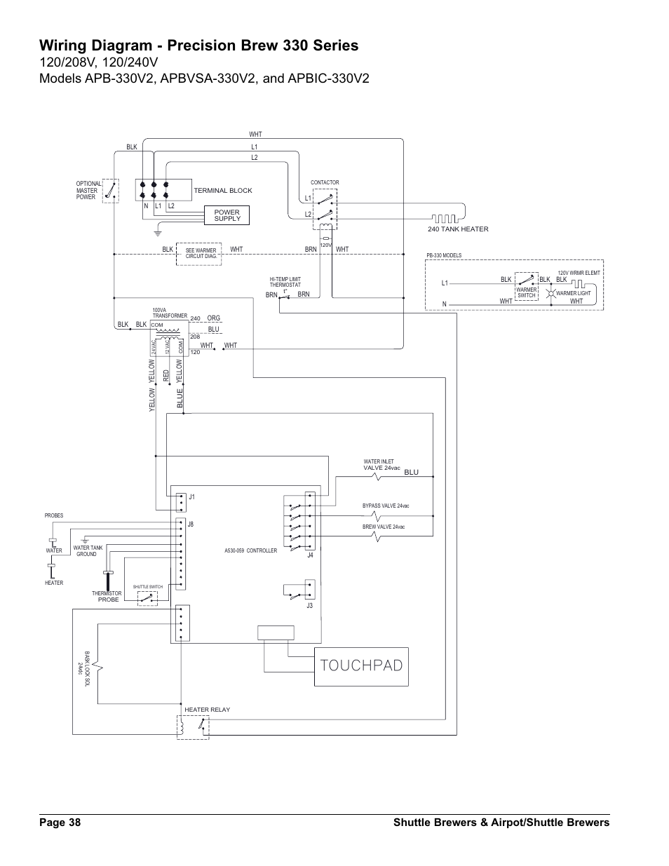 Wiring diagram - precision brew 330 series, Page 38 shuttle brewers & airpot/shuttle brewers | Grindmaster SHUTTLE BREWER APBVSA-430V2E230 User Manual | Page 38 / 44