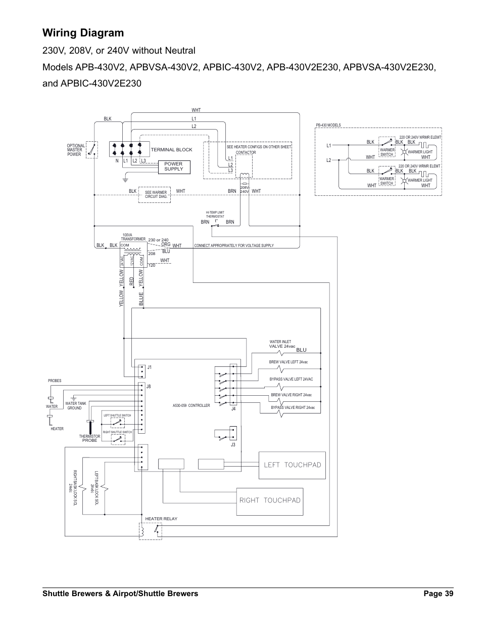 Wiring diagram, Shuttle brewers & airpot/shuttle brewers page 39 | Grindmaster SHUTTLE BREWER APBVSA-430V2E230 User Manual | Page 39 / 44