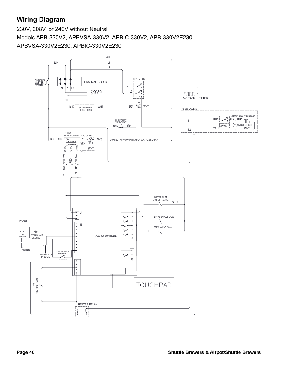 Wiring diagram, Page 40 shuttle brewers & airpot/shuttle brewers | Grindmaster SHUTTLE BREWER APBVSA-430V2E230 User Manual | Page 40 / 44