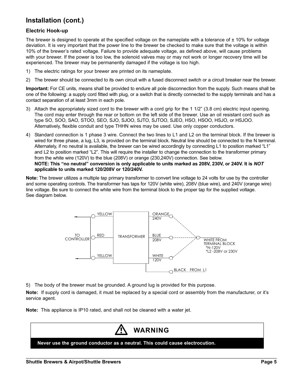 Installation (cont.), Warning | Grindmaster SHUTTLE BREWER APBVSA-430V2E230 User Manual | Page 5 / 44