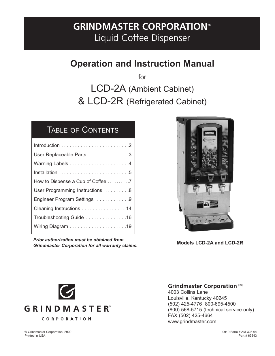 Grindmaster LIQUID COFFEE DISPENSER LCD-2A User Manual | 20 pages