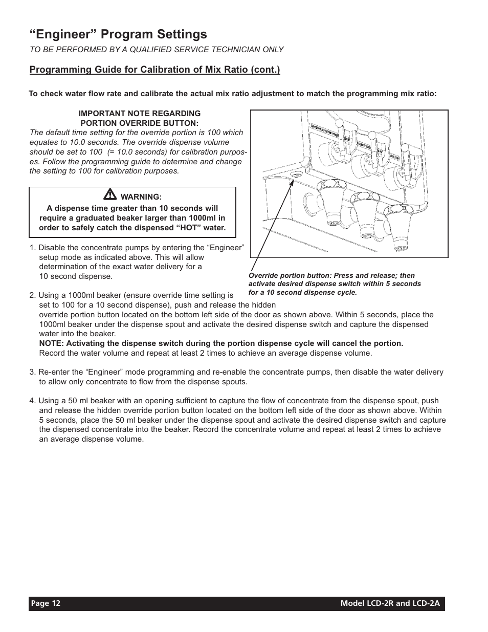 Engineer” program settings | Grindmaster LIQUID COFFEE DISPENSER LCD-2A User Manual | Page 12 / 20