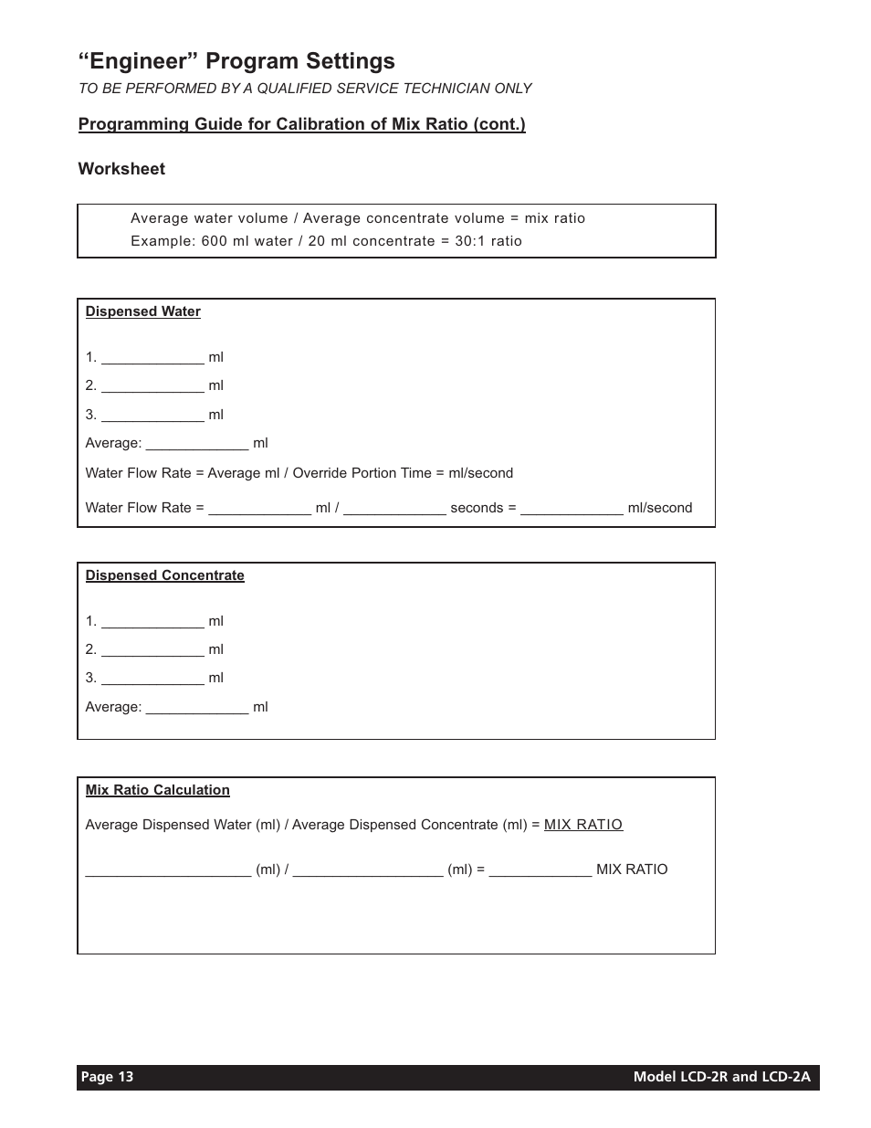 Engineer” program settings | Grindmaster LIQUID COFFEE DISPENSER LCD-2A User Manual | Page 13 / 20