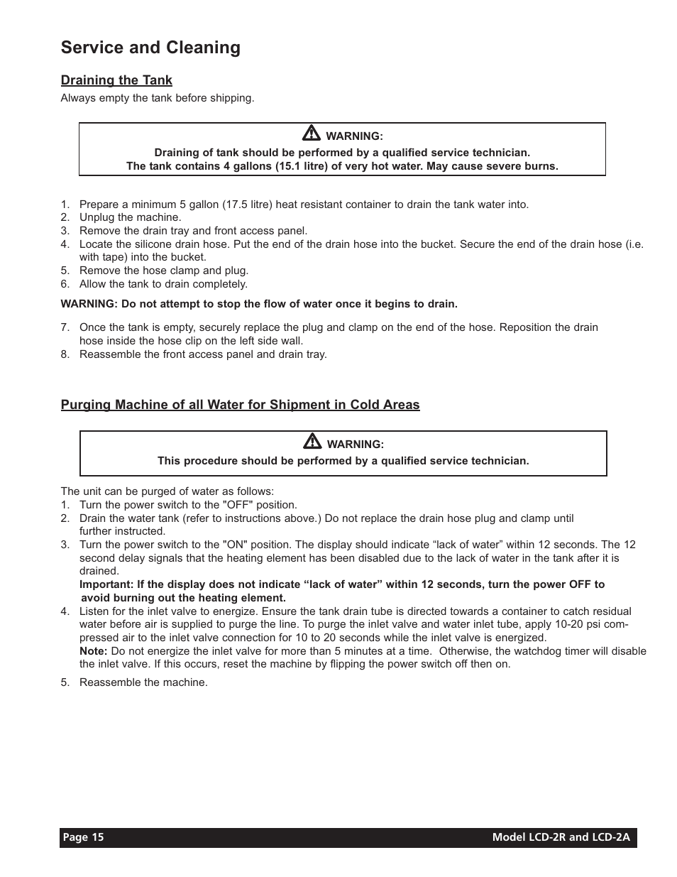 Service and cleaning | Grindmaster LIQUID COFFEE DISPENSER LCD-2A User Manual | Page 15 / 20