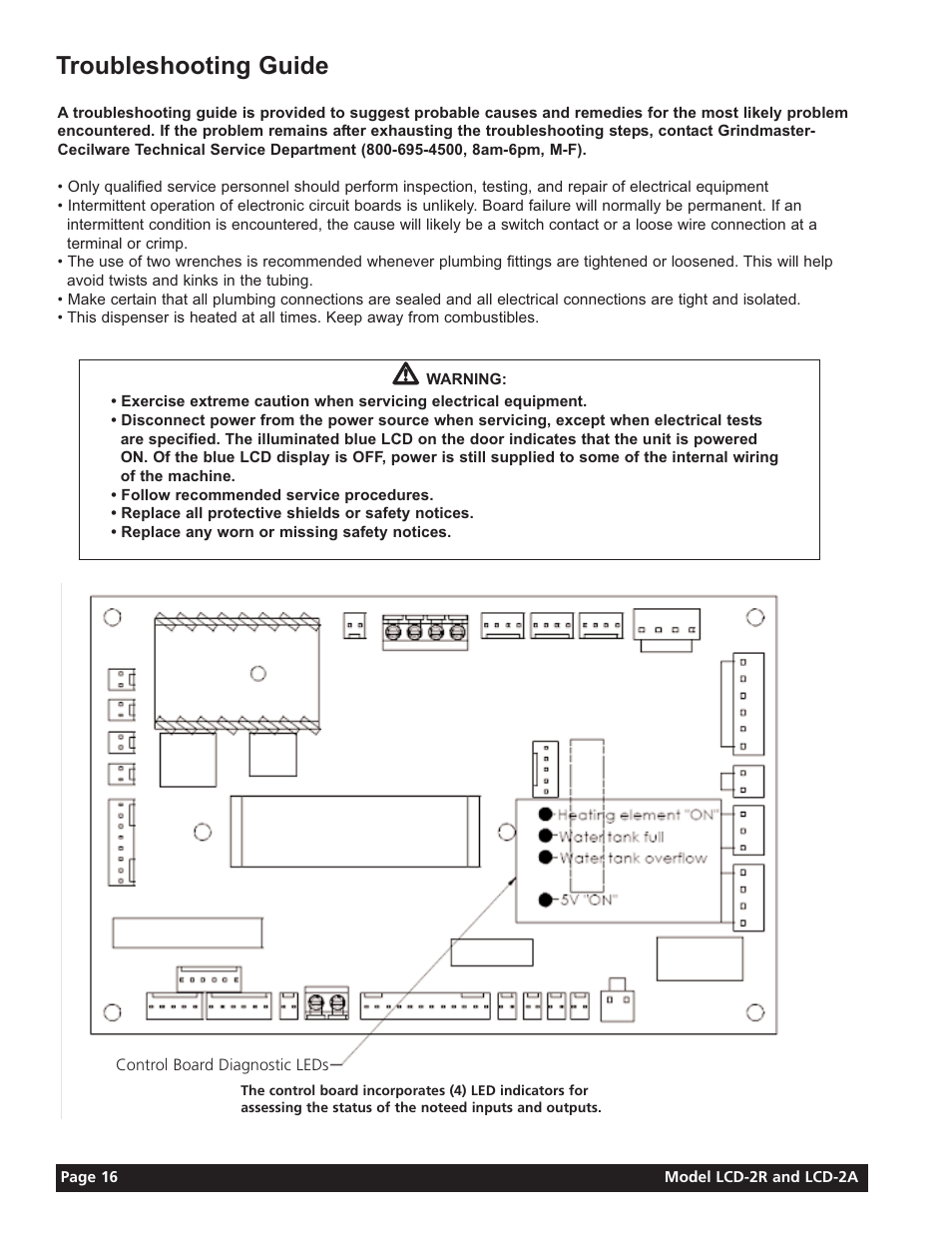Troubleshooting guide | Grindmaster LIQUID COFFEE DISPENSER LCD-2A User Manual | Page 16 / 20