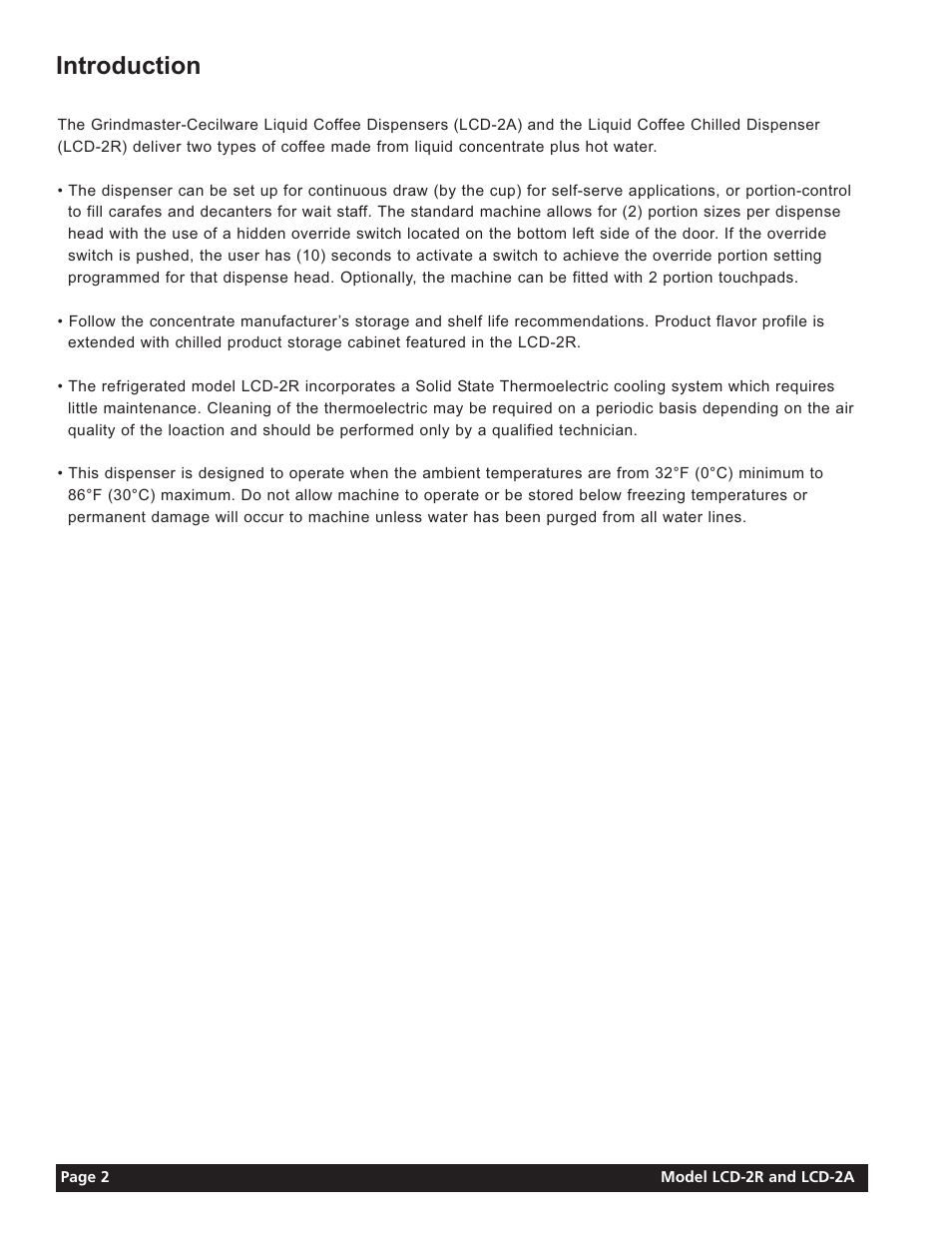 Introduction | Grindmaster LIQUID COFFEE DISPENSER LCD-2A User Manual | Page 2 / 20