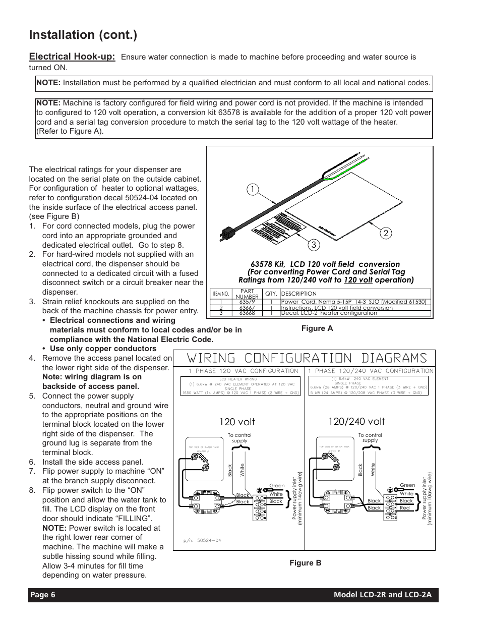Installation (cont.), Electrical hook-up, Page 6 model lcd-2r and lcd-2a | Figure b | Grindmaster LIQUID COFFEE DISPENSER LCD-2A User Manual | Page 6 / 20