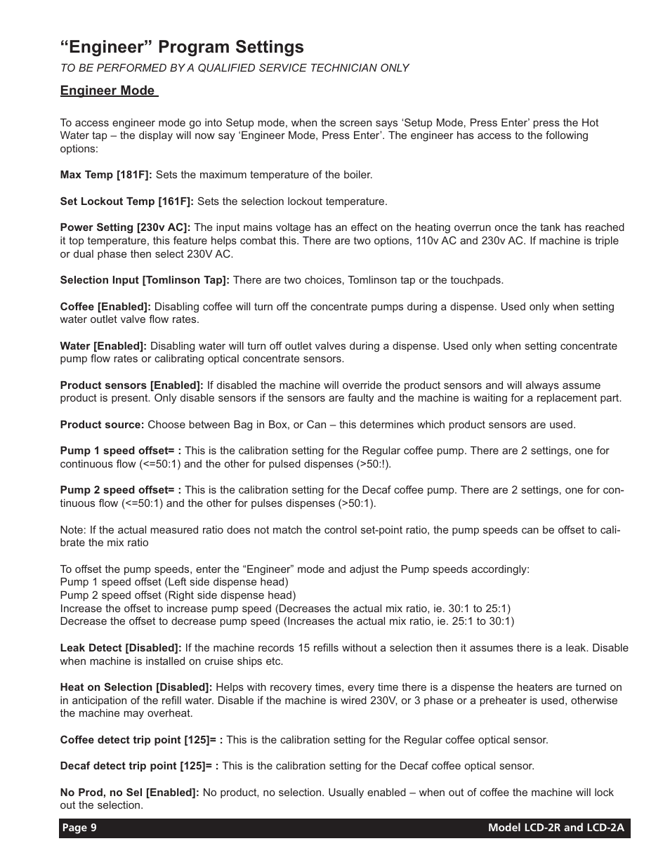 Engineer” program settings | Grindmaster LIQUID COFFEE DISPENSER LCD-2A User Manual | Page 9 / 20