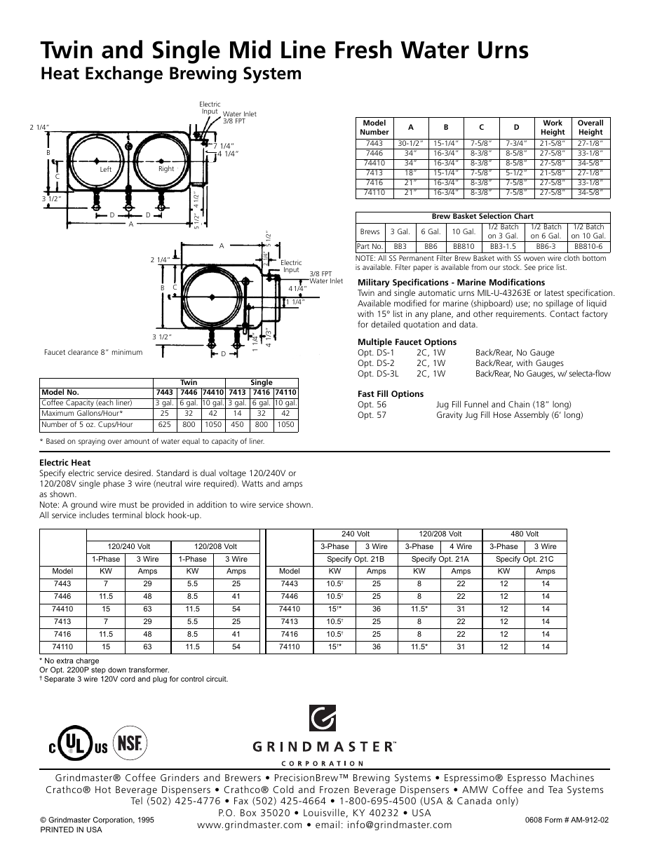 Twin and single mid line fresh water urns, Heat exchange brewing system | Grindmaster AMW 7446 User Manual | Page 2 / 2