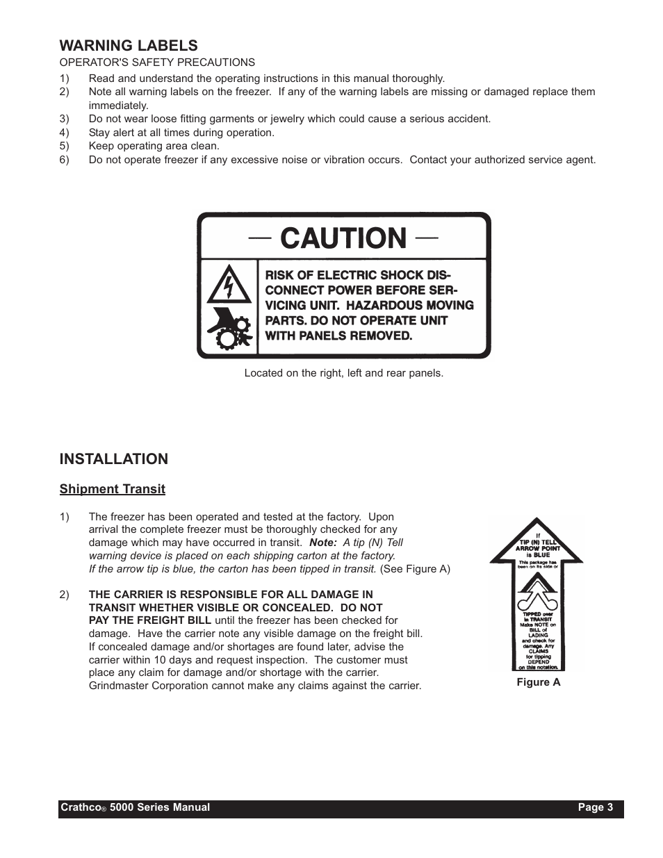 Warning labels, Installation | Grindmaster CRATHCO 5941 User Manual | Page 3 / 72