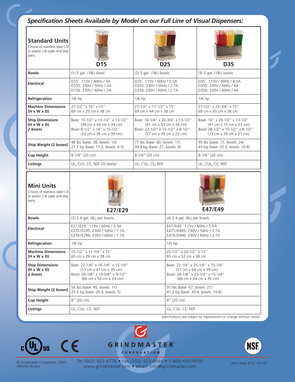 Mini units, Standard units | Grindmaster Crathco D15 User Manual | Page 6 / 6