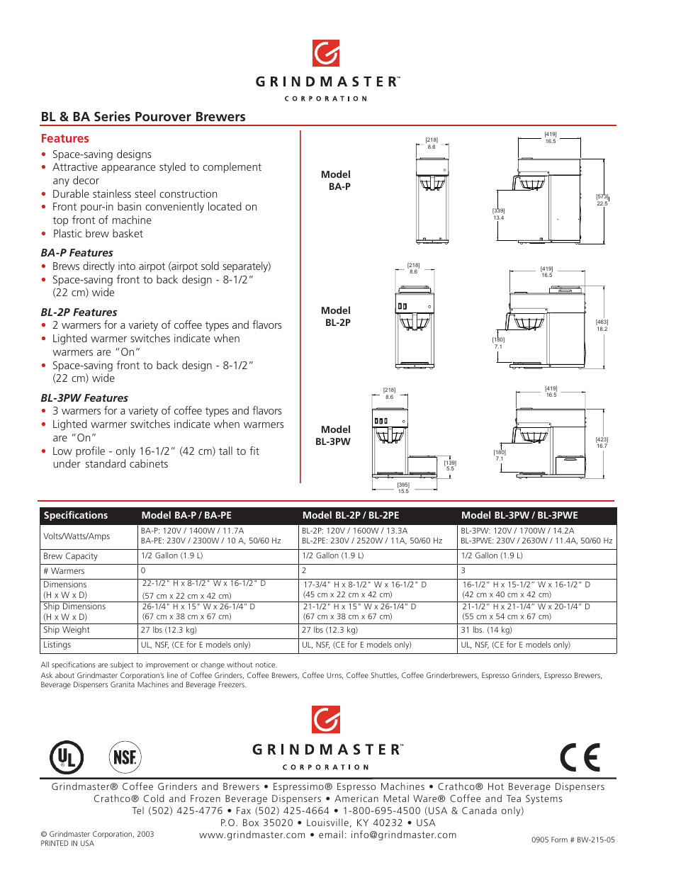 Bl & ba series pourover brewers, Features | Grindmaster BL-3PW User Manual | Page 2 / 2