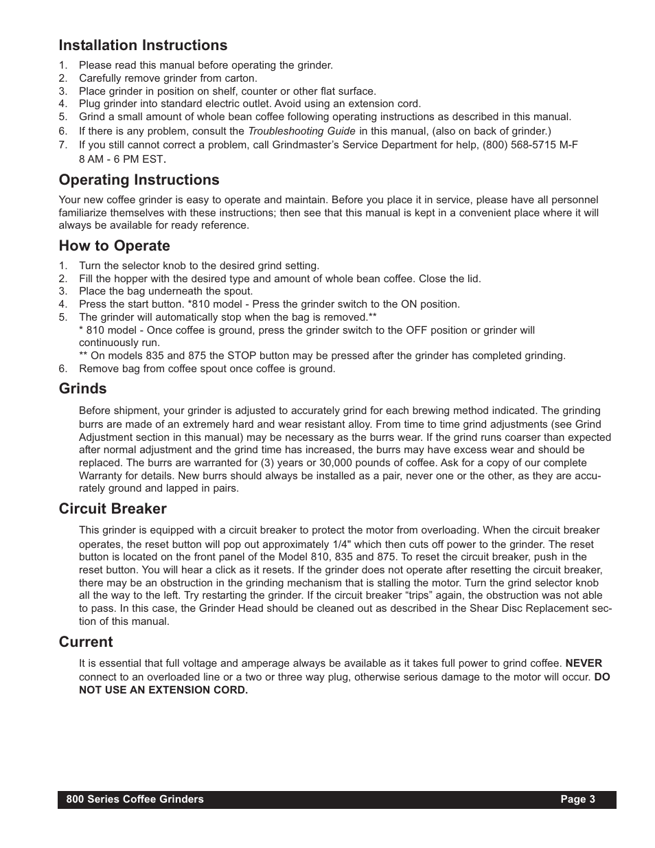 Installation instructions, Operating instructions, How to operate | Grinds, Circuit breaker, Current | Grindmaster 865 User Manual | Page 3 / 12