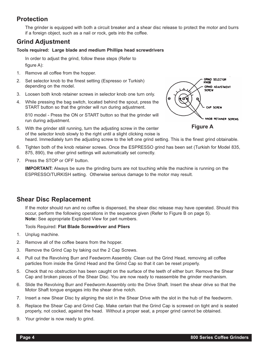 Protection, Grind adjustment, Shear disc replacement | Grindmaster 865 User Manual | Page 4 / 12