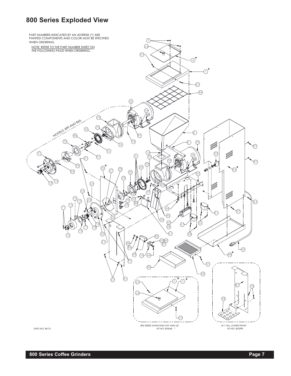800 series exploded view, 800 series coffee grinders page 7 | Grindmaster 865 User Manual | Page 7 / 12