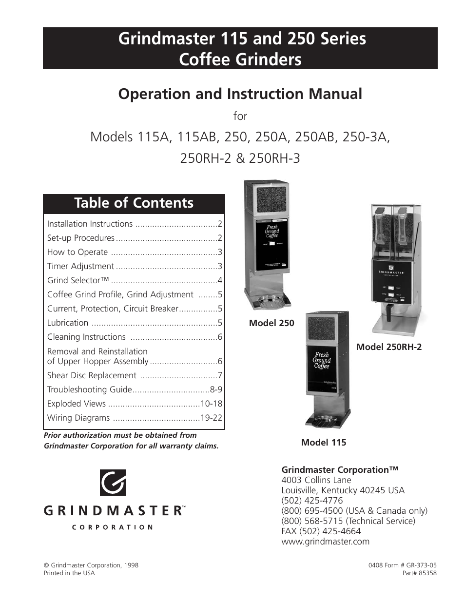 Grindmaster 250RH-3 User Manual | 24 pages