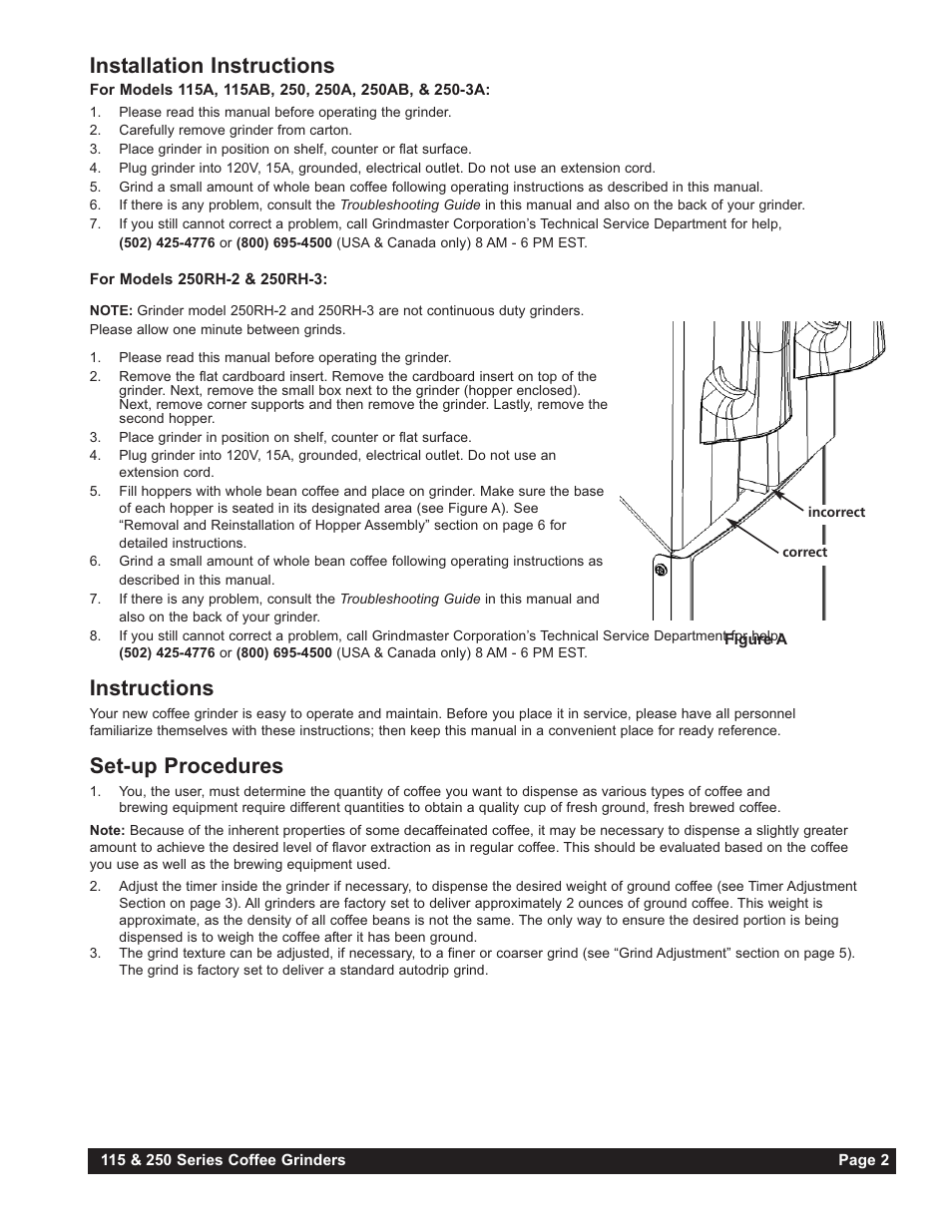 Installation instructions, Instructions, Set-up procedures | Grindmaster 250RH-3 User Manual | Page 3 / 24
