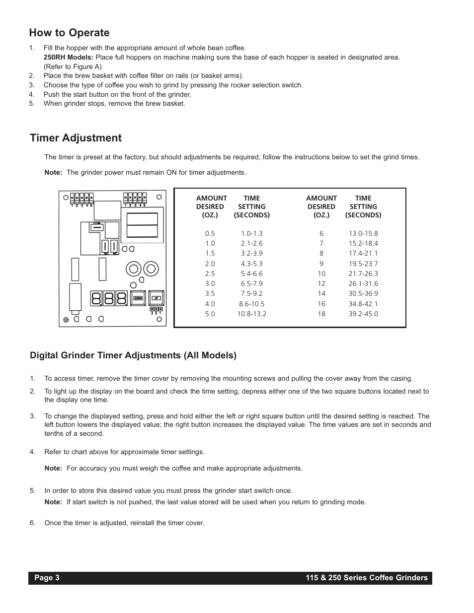 Timer adjustment, How to operate, Digital grinder timer adjustments (all models) | Grindmaster 250RH-3 User Manual | Page 4 / 24