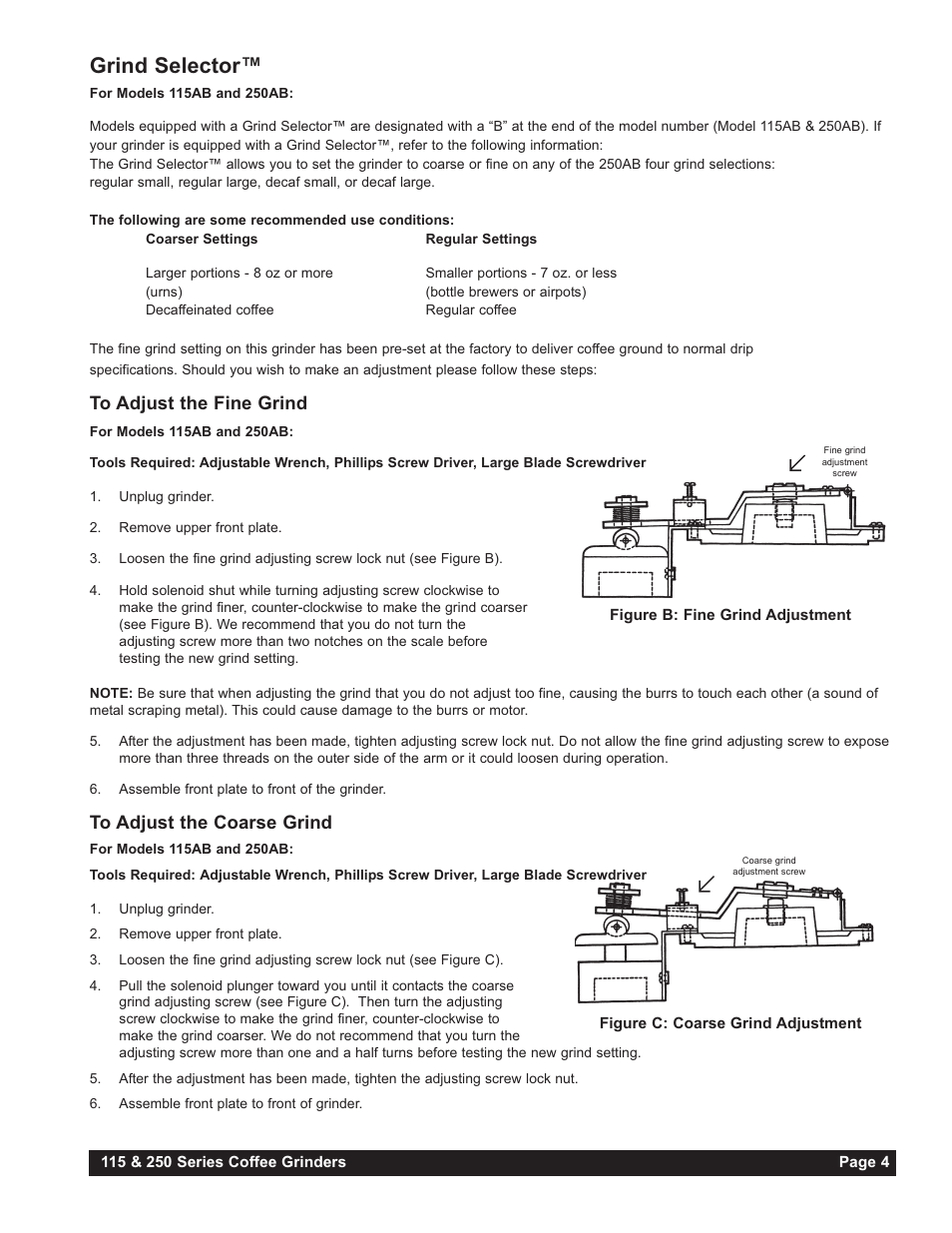 Grind selector | Grindmaster 250RH-3 User Manual | Page 5 / 24