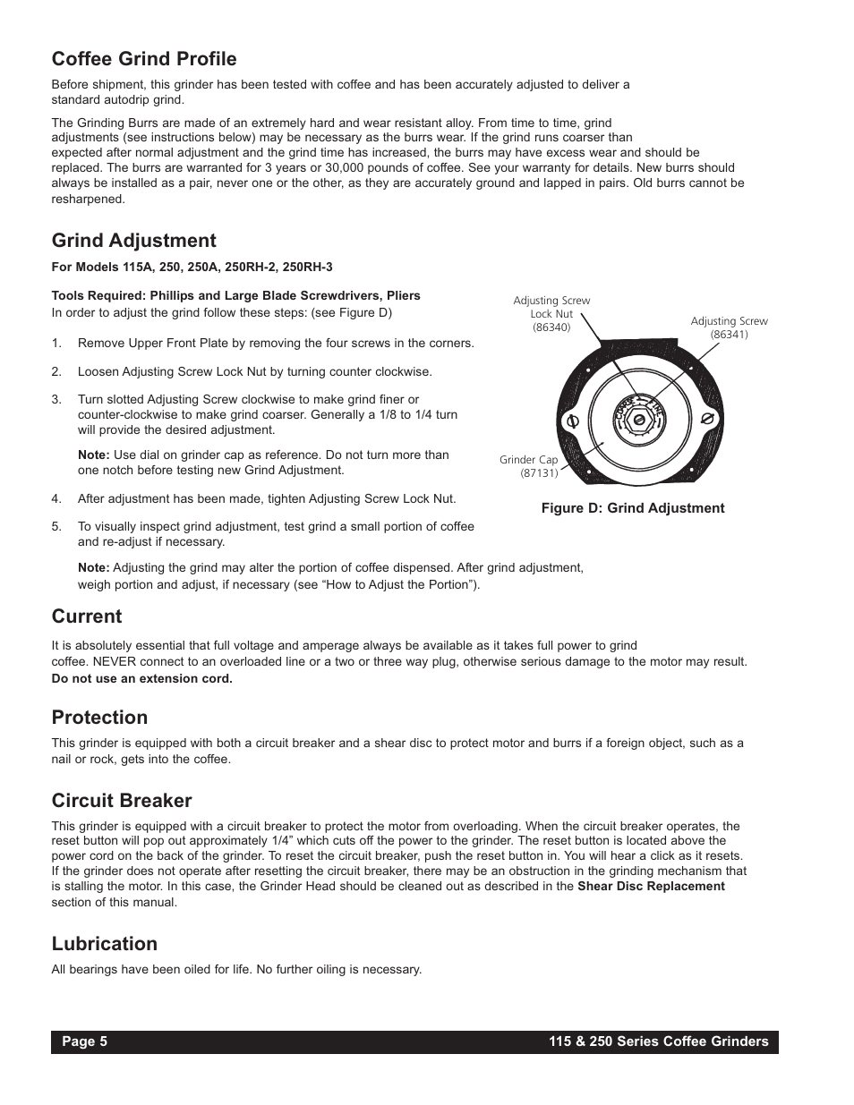 Coffee grind profile, Grind adjustment, Current | Protection, Circuit breaker, Lubrication | Grindmaster 250RH-3 User Manual | Page 6 / 24