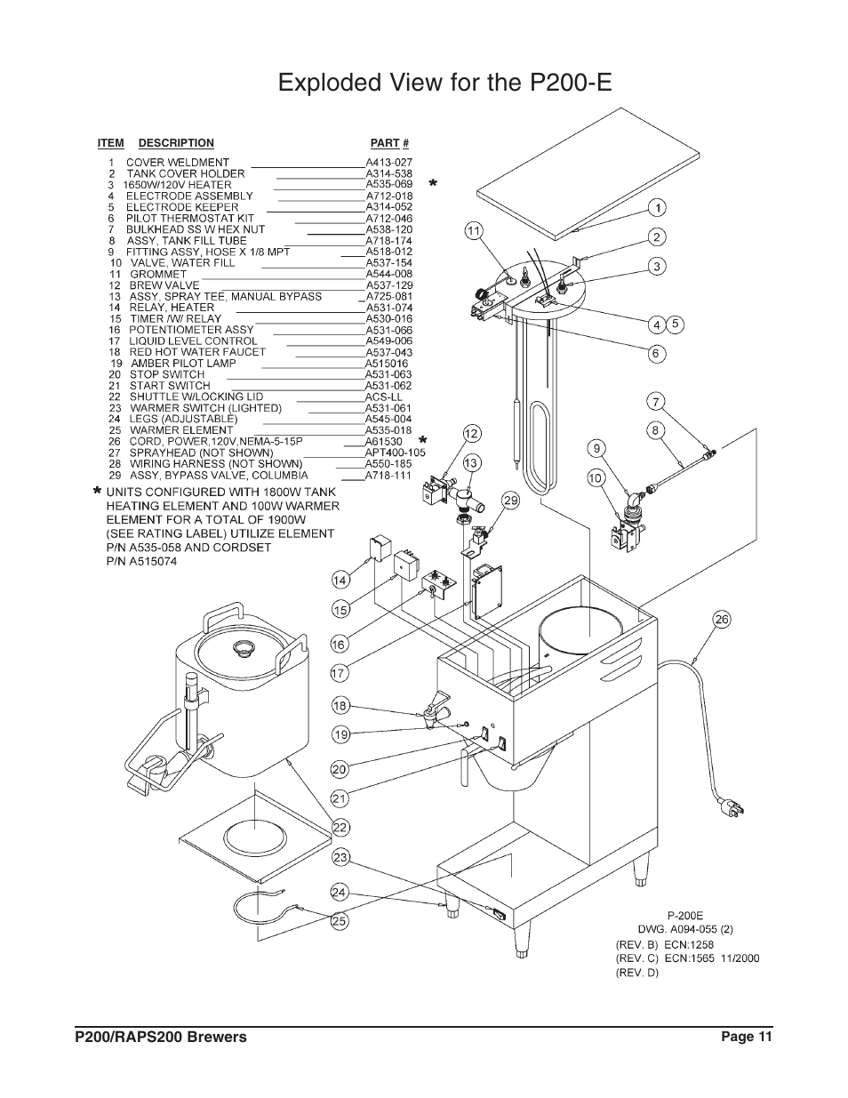 Exploded view for the p200-e | Grindmaster RAPS200E User Manual | Page 12 / 20