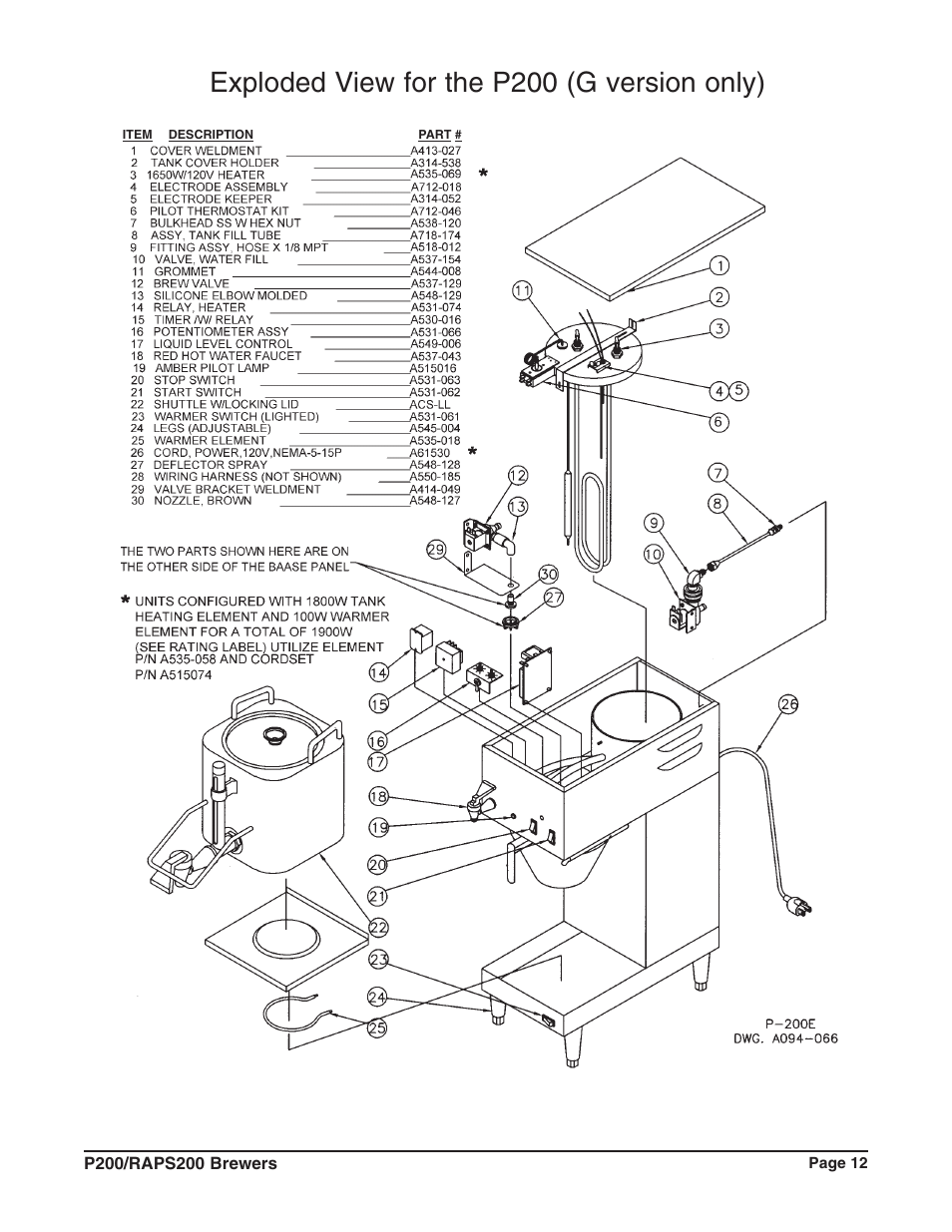 Exploded view for the p200 (g version only) | Grindmaster RAPS200E User Manual | Page 13 / 20