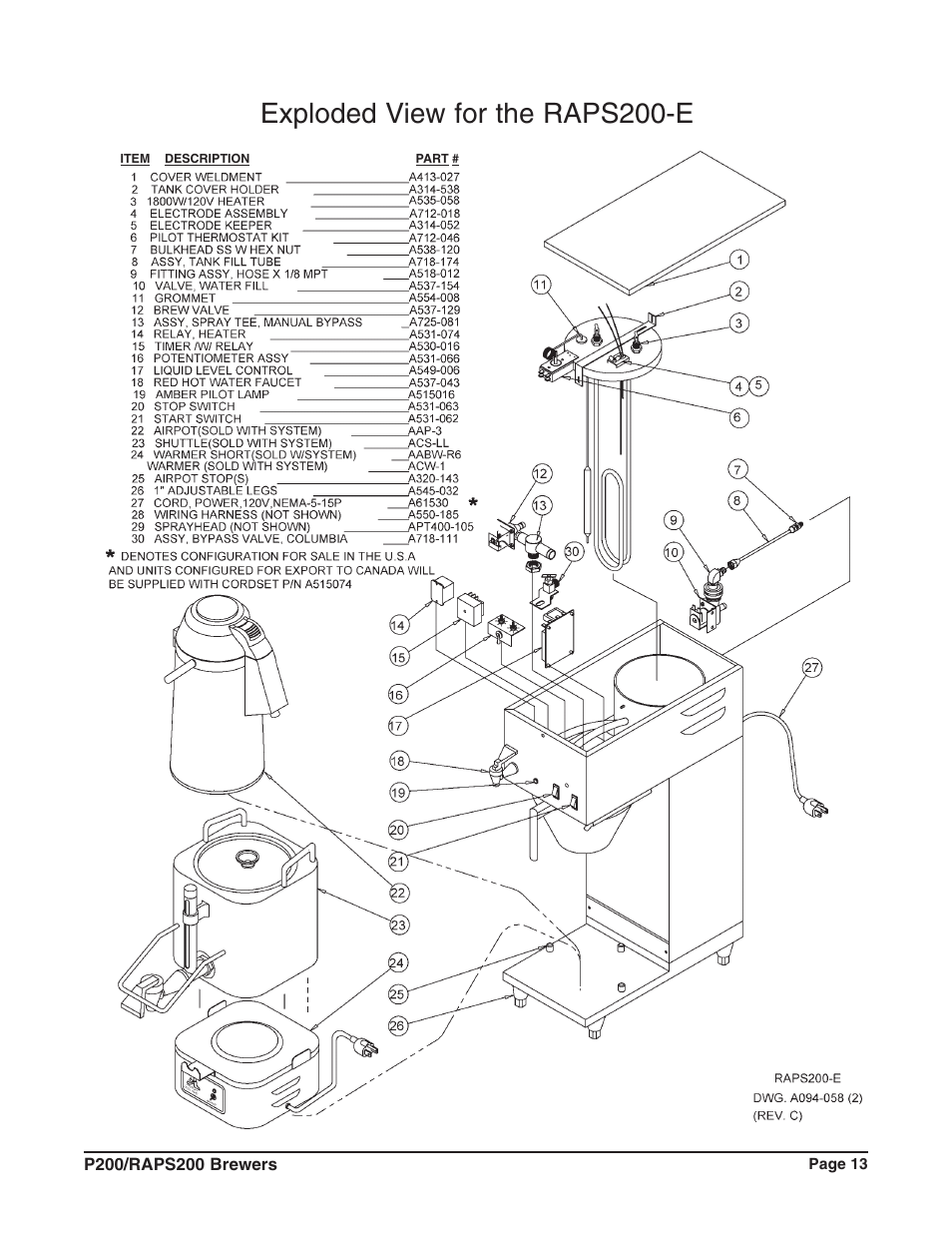 Exploded view for the raps200-e | Grindmaster RAPS200E User Manual | Page 14 / 20