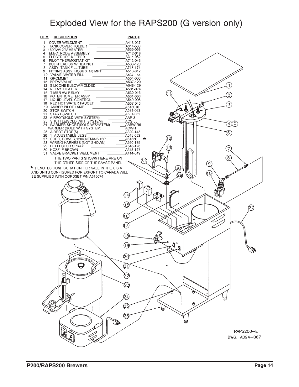 Exploded view for the raps200 (g version only) | Grindmaster RAPS200E User Manual | Page 15 / 20