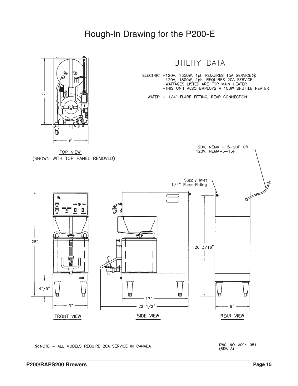 Rough-in drawing for the p200-e | Grindmaster RAPS200E User Manual | Page 16 / 20