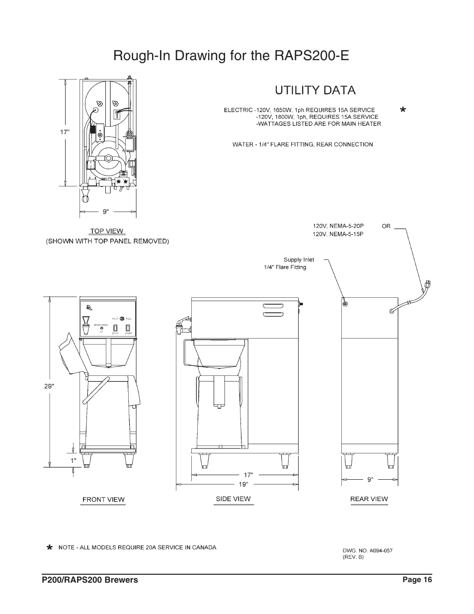 Rough-in drawing for the raps200-e | Grindmaster RAPS200E User Manual | Page 17 / 20