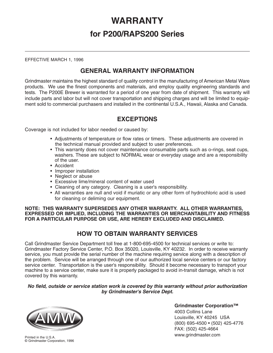 Warranty | Grindmaster RAPS200E User Manual | Page 20 / 20