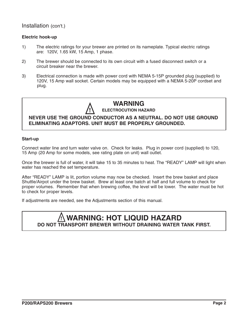 Warning: hot liquid hazard, Warning | Grindmaster RAPS200E User Manual | Page 3 / 20