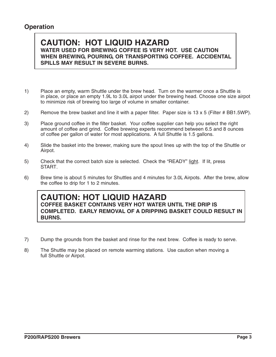 Caution: hot liquid hazard | Grindmaster RAPS200E User Manual | Page 4 / 20