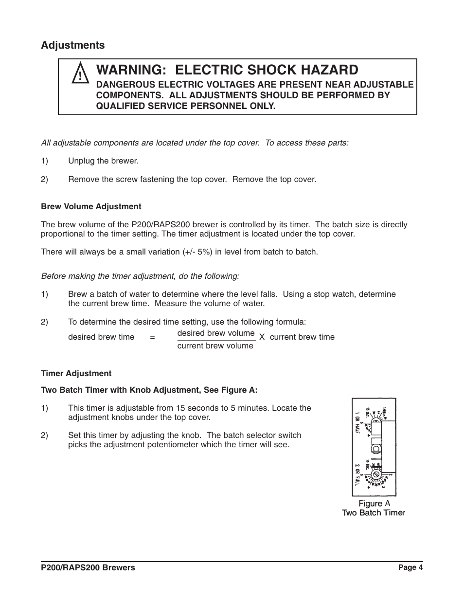 Warning: electric shock hazard | Grindmaster RAPS200E User Manual | Page 5 / 20