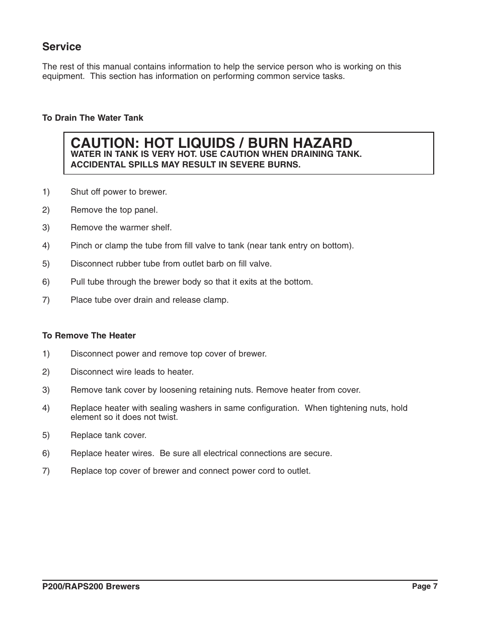 Caution: hot liquids / burn hazard, Service | Grindmaster RAPS200E User Manual | Page 8 / 20