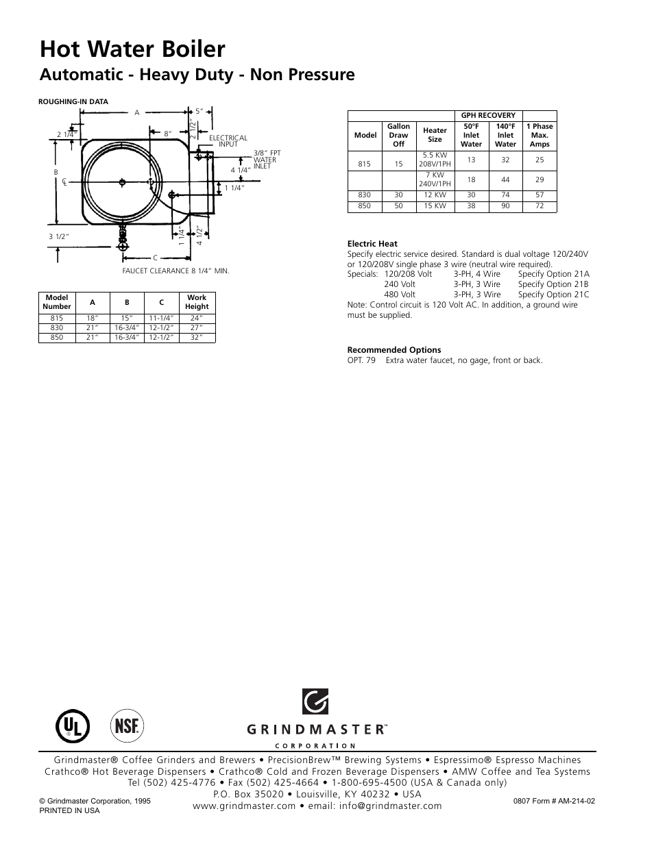 Hot water boiler, Automatic - heavy duty - non pressure | Grindmaster 850 User Manual | Page 2 / 2