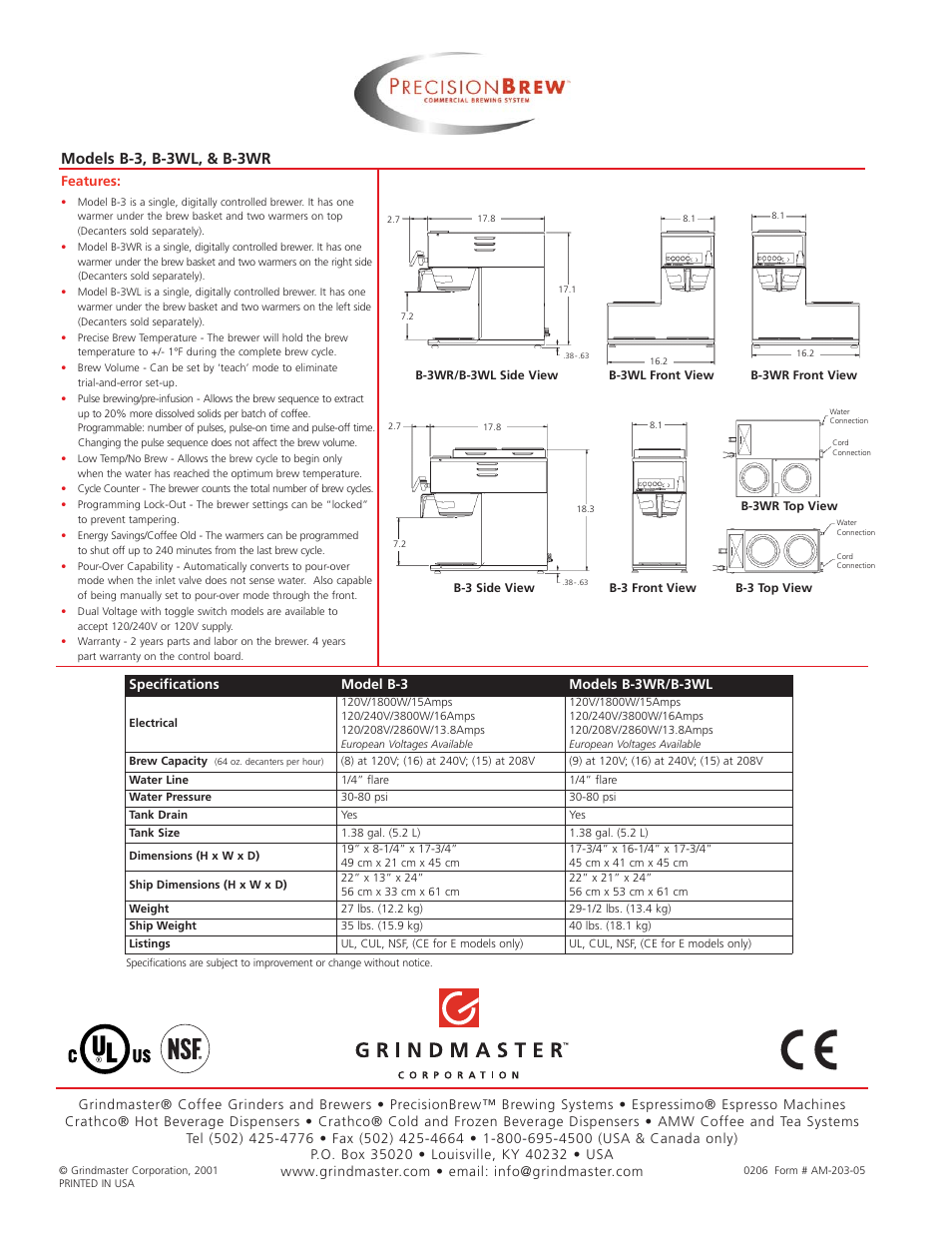 Models b-3, b-3wl, & b-3wr, Features, Specifications model b-3 models b-3wr/b-3wl | Grindmaster B-3WL User Manual | Page 2 / 2