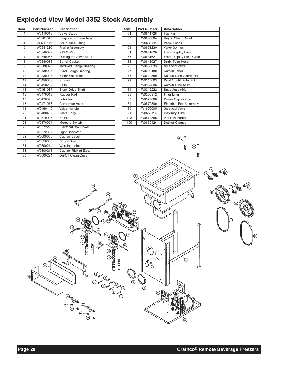 Exploded view model 3352 stock assembly, Page 28 crathco, Remote beverage freezers | Grindmaster 3341A User Manual | Page 30 / 40