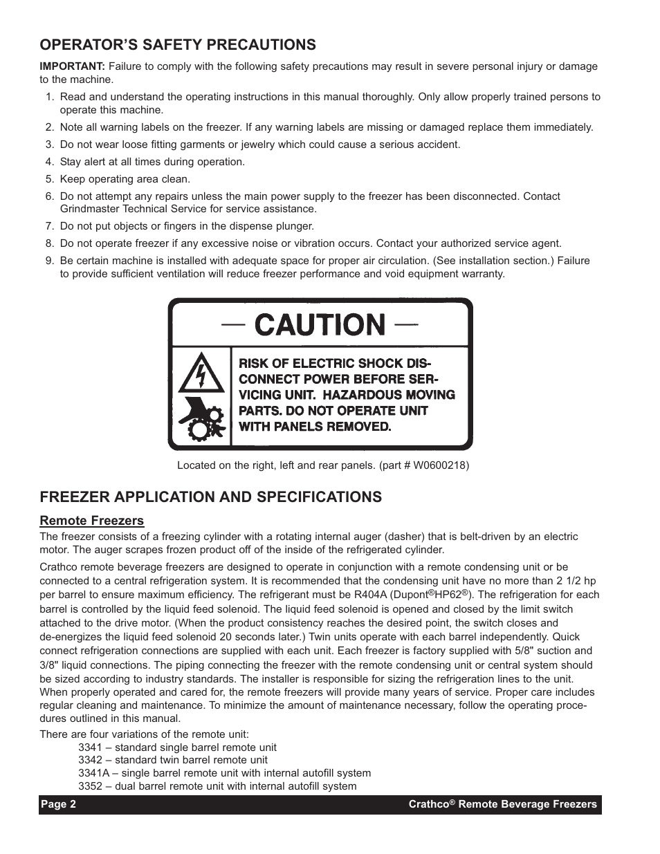 Operator’s safety precautions, Freezer application and specifications | Grindmaster 3341A User Manual | Page 4 / 40