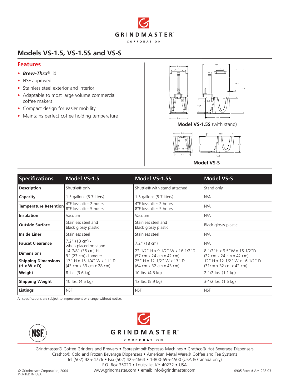 Models vs-1.5, vs-1.5s and vs-s, Features | Grindmaster VS-S User Manual | Page 2 / 2