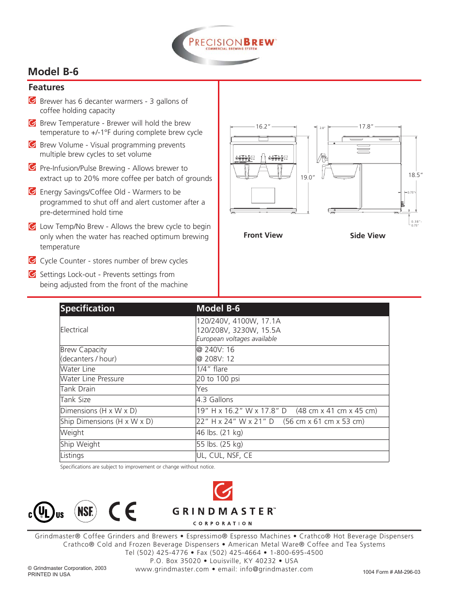 Model b-6, Specification model b-6, Features | Grindmaster B-6 User Manual | Page 2 / 2