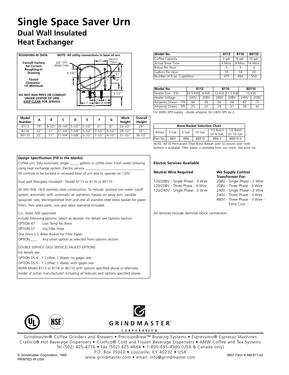 Single space saver urn, Dual wall insulated heat exchanger | Grindmaster AMW 80110 User Manual | Page 2 / 2