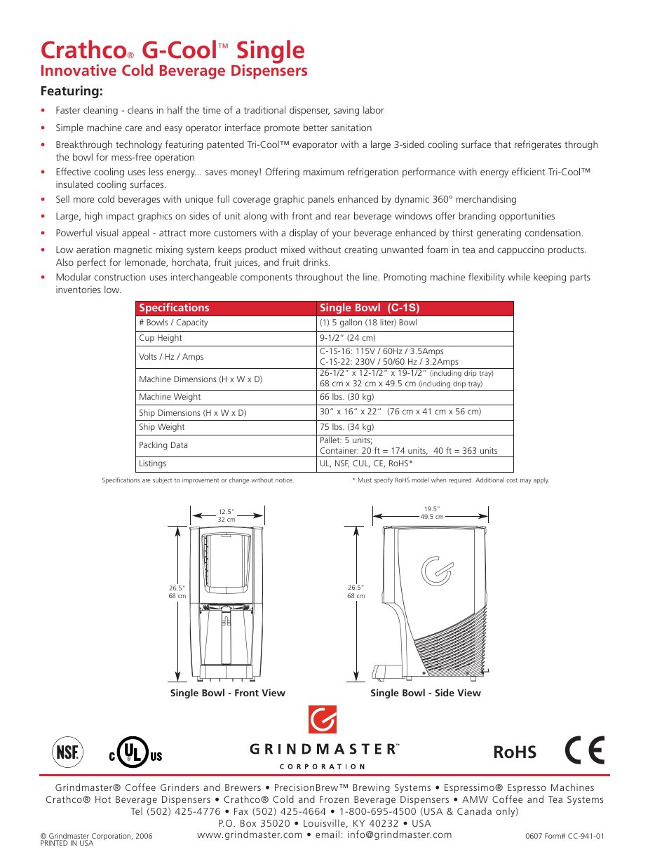 Crathco, G-cool, Single | Rohs, Innovative cold beverage dispensers, Featuring | Grindmaster G-Cool C-1S User Manual | Page 2 / 2