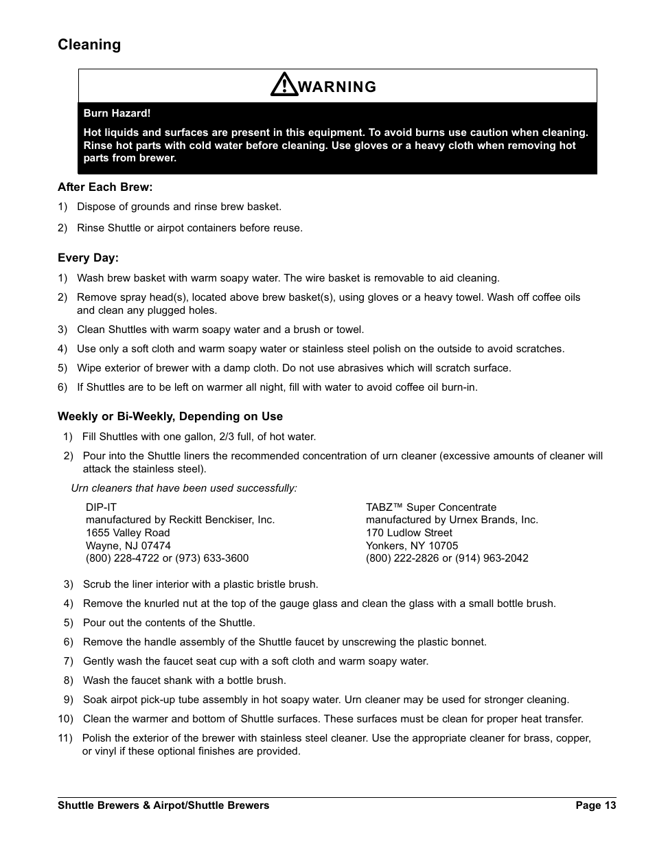 Cleaning warning | Grindmaster AM-344-04 User Manual | Page 13 / 40