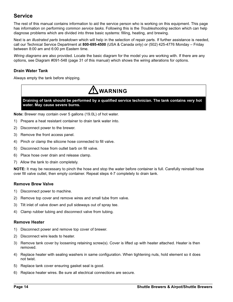 Service, Warning | Grindmaster AM-344-04 User Manual | Page 14 / 40