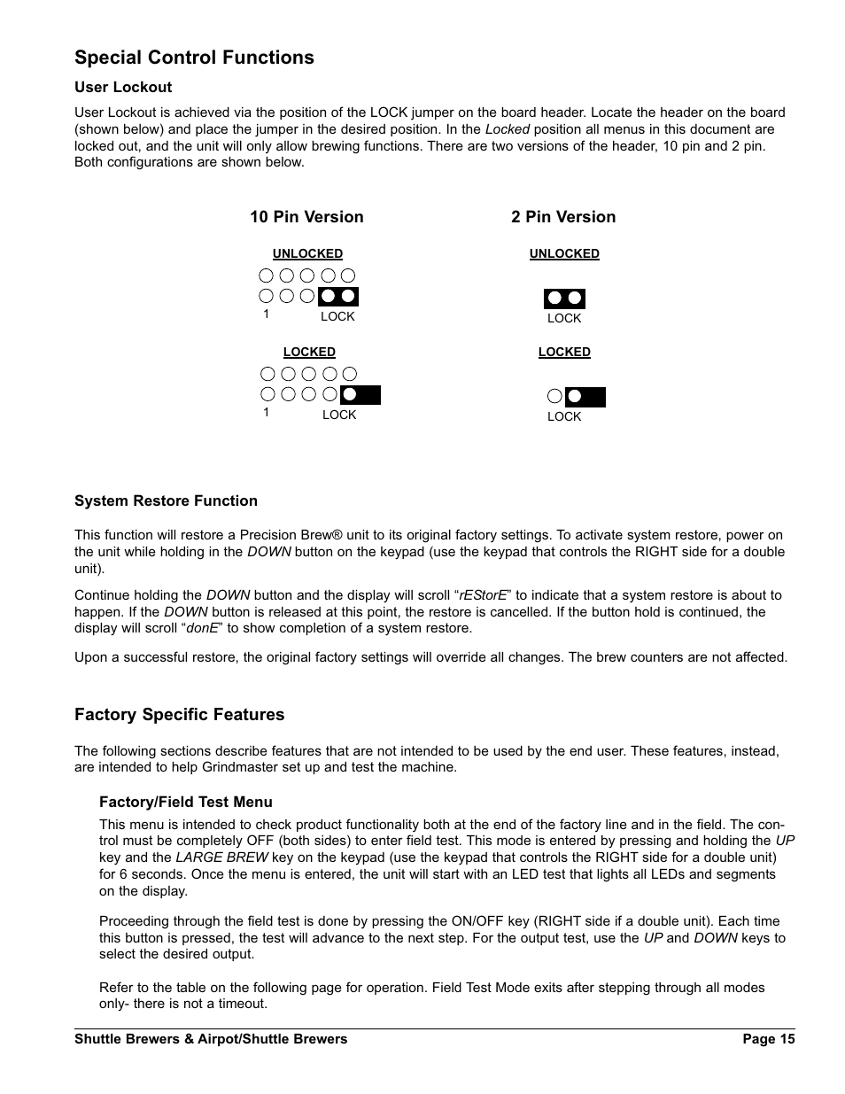 Special control functions, Factory specific features | Grindmaster AM-344-04 User Manual | Page 15 / 40